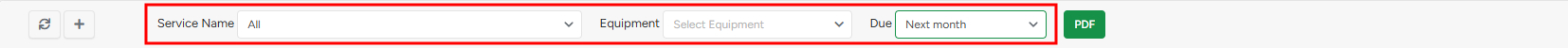 Filter by service name, equipment and due date