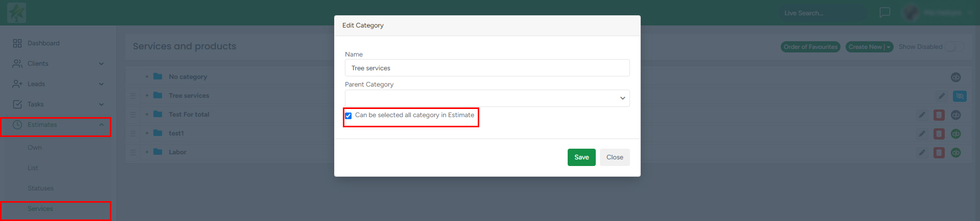 Can be selected all categories in Estimates checkbox