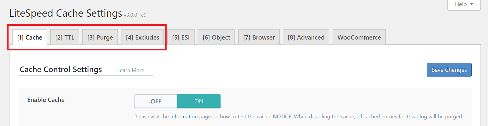 LiteSpeed Cache for WordPress Basic Cache Tabs