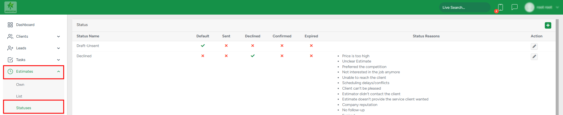 Estimate statuses page overview